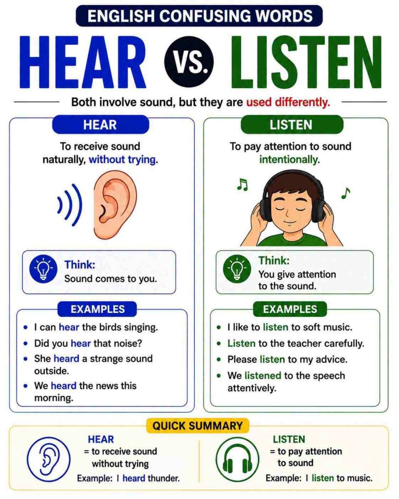 English Confusing words: Hear and Listen